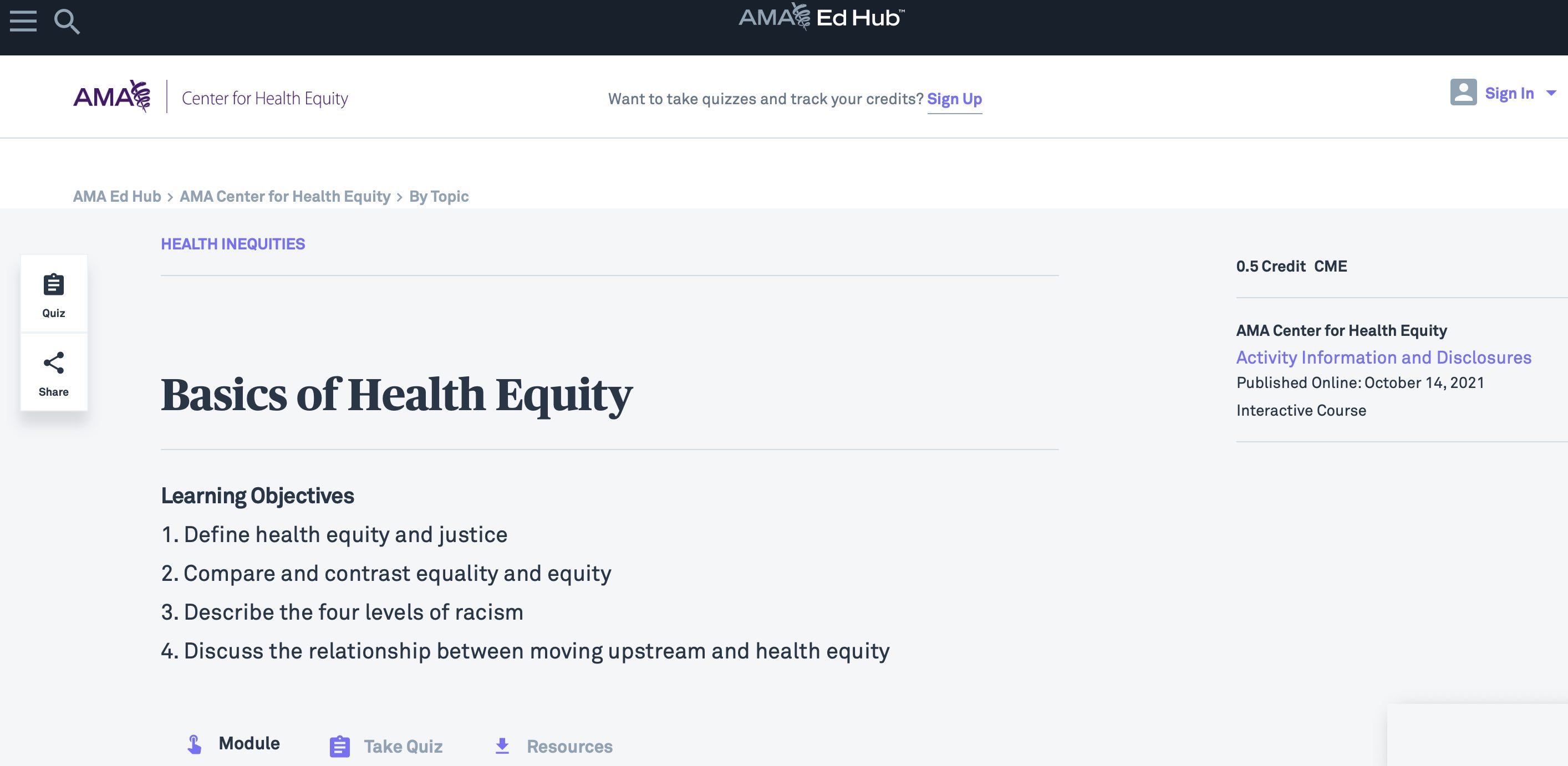 Screen grab of Basics of Health Equity