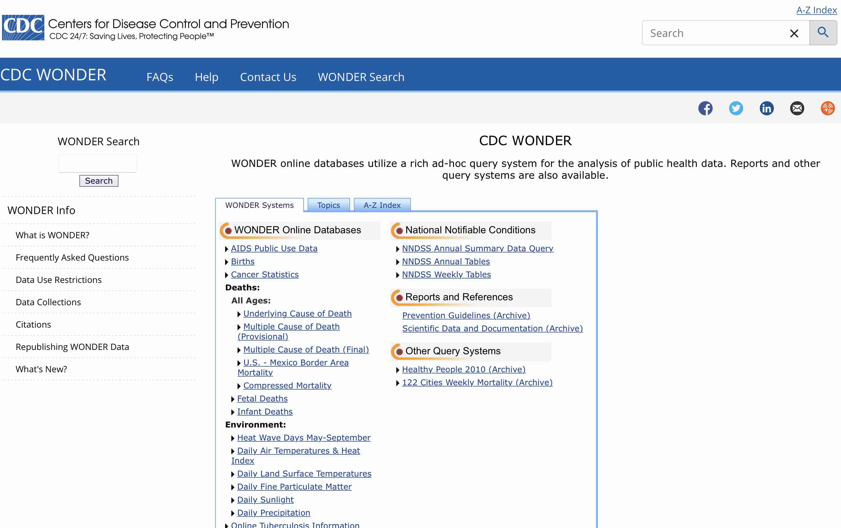 A screen grab of CDC WONDER webpage