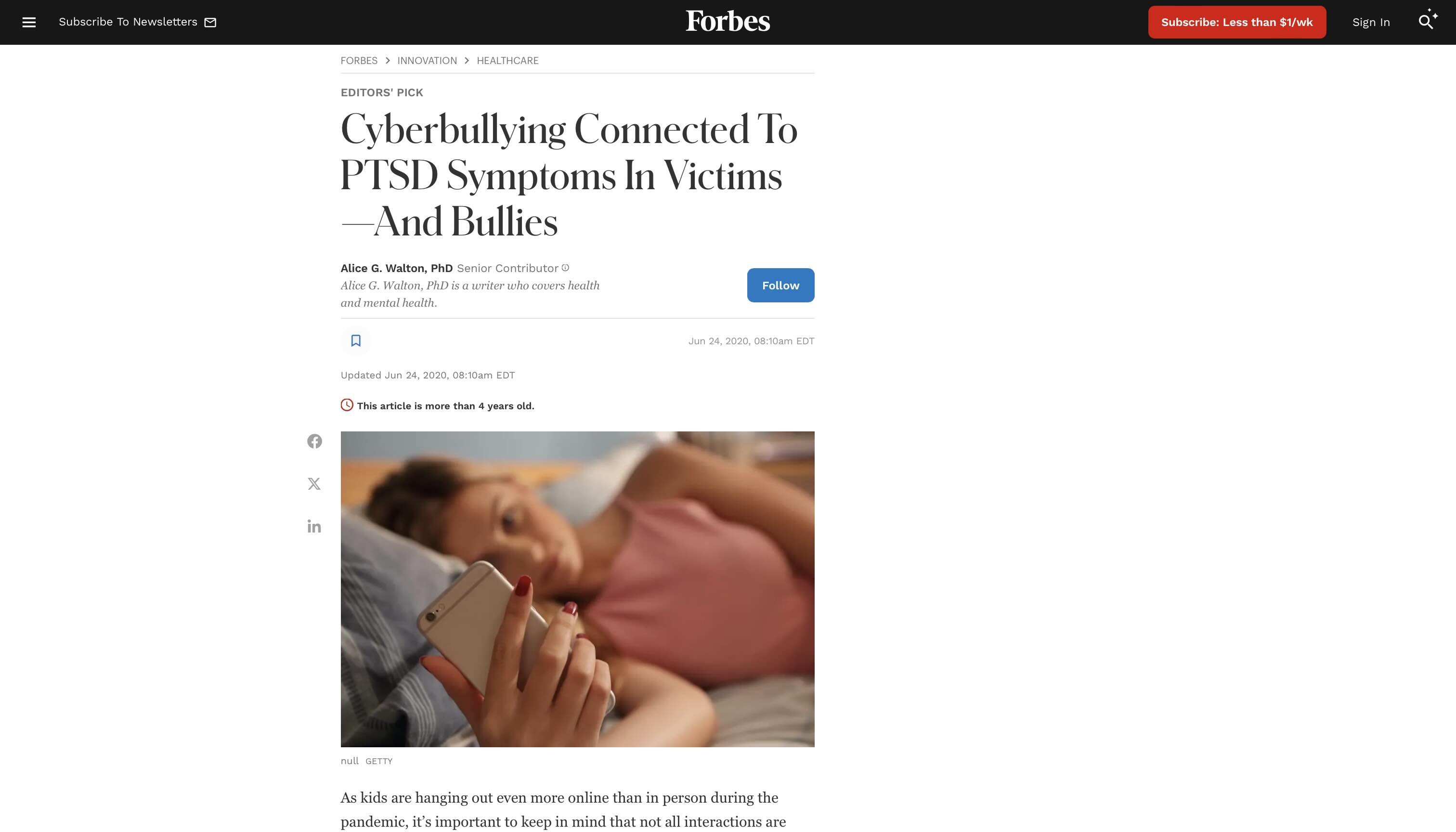 Screen capture of Cyberbullying Connected to PTSD Symptoms in Victims-And Bullies