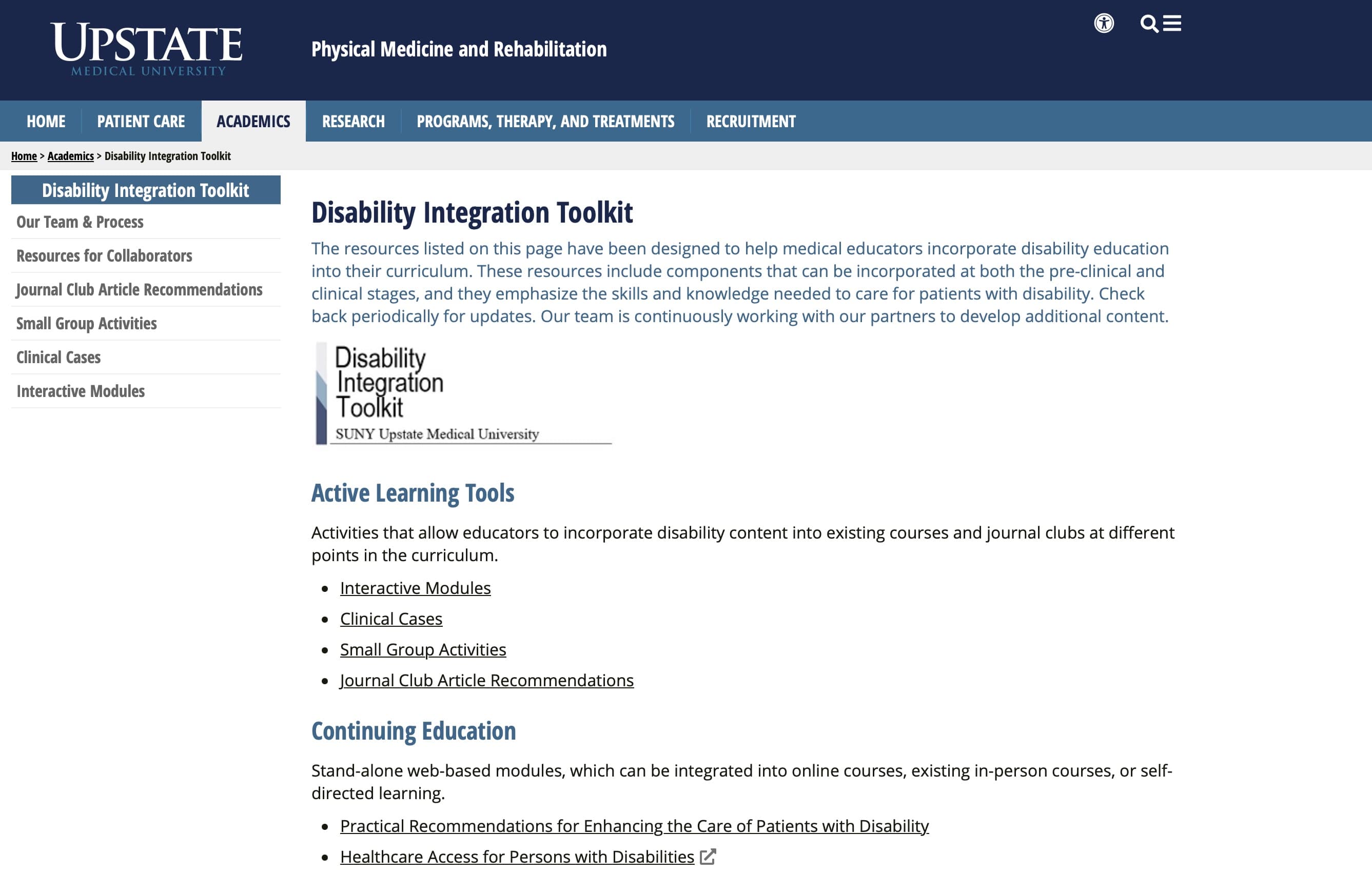 Screen capture of Disability Integration Toolkit