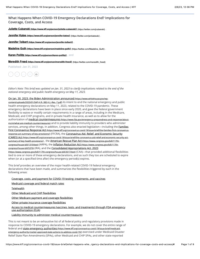 First page of What Happens When COVID-19 Emergency Declarations End? Implications for Coverage, Costs, and Access article 