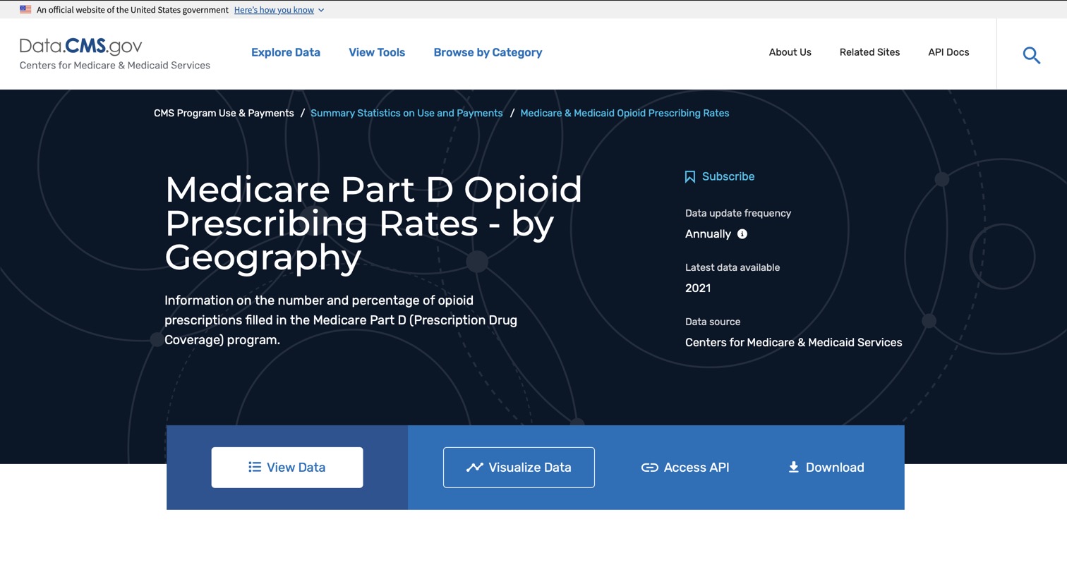 Screen grab of Medicare Part D Opioid Prescribing Rates - By Geography