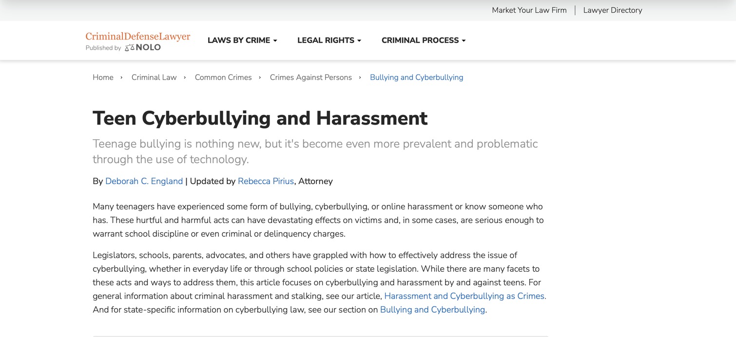 Screen grab of Teen Cyberbullying and Harassment: Laws by State