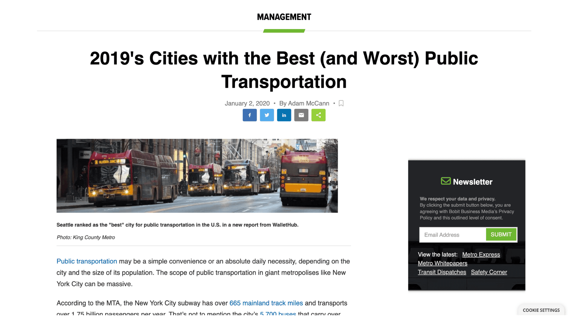 Screenshot of 2019's cities with the best and worst public transportation