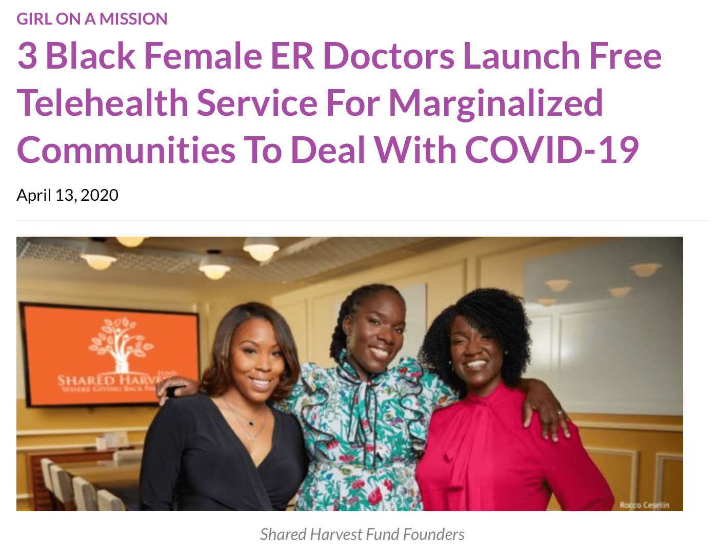 Screen capture of 3 Black Female ER Doctors Launch Free Telehealth Service For Marginalized Communities To Deal With COVID-19