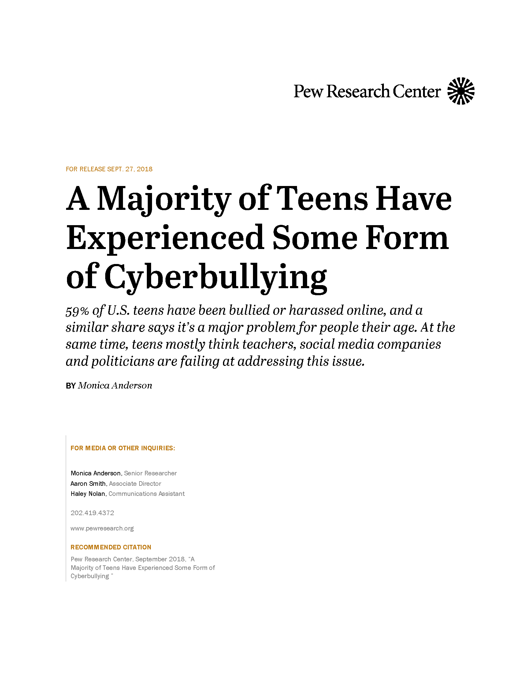 PDF Cover: A Majority of Teens Have Experienced Some Form of Cyberbullying