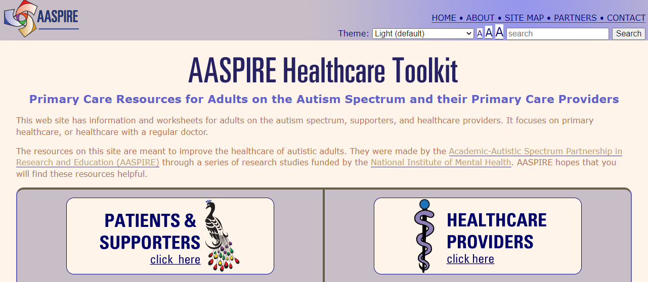 Screen capture of website: Healthcare Toolkit: Patient Centered Primary Care Tools for Autistic Adults and their Primary Care Providers