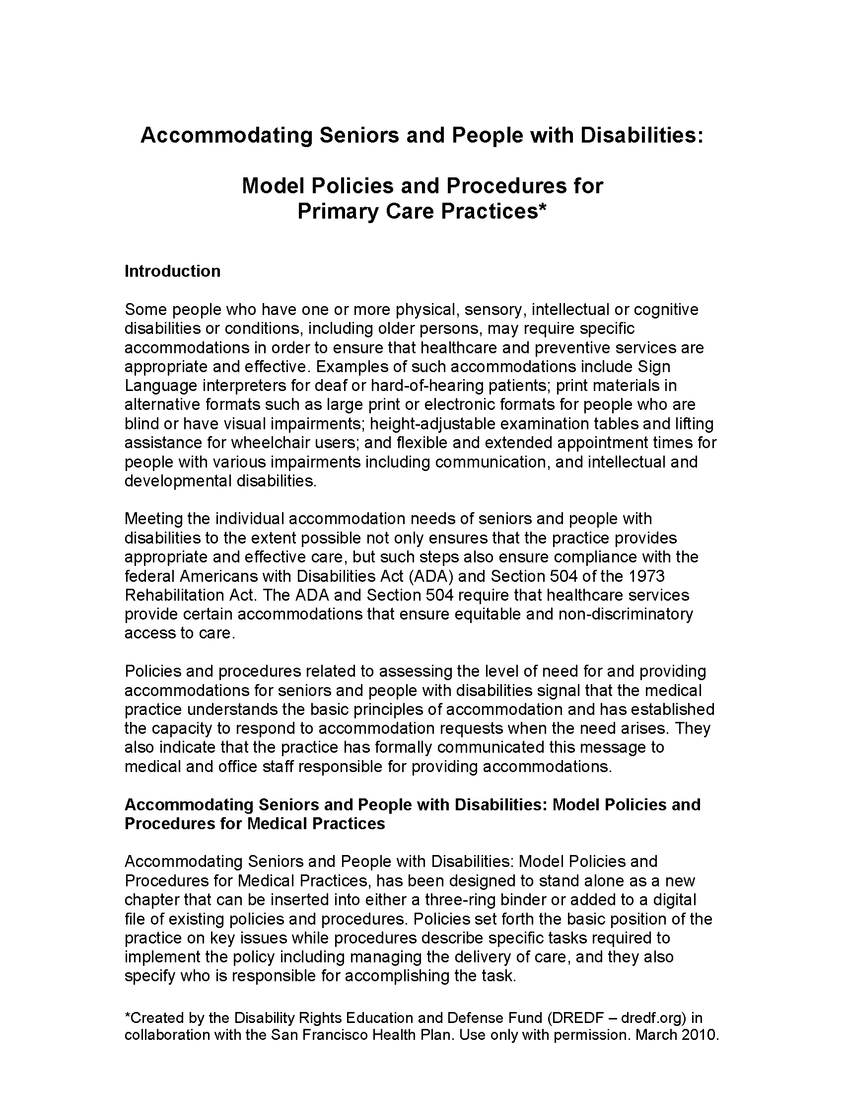 PDF Cover: Accommodating Seniors and People with Disabilities: Model Policies and Procedures for Primary Care Practices