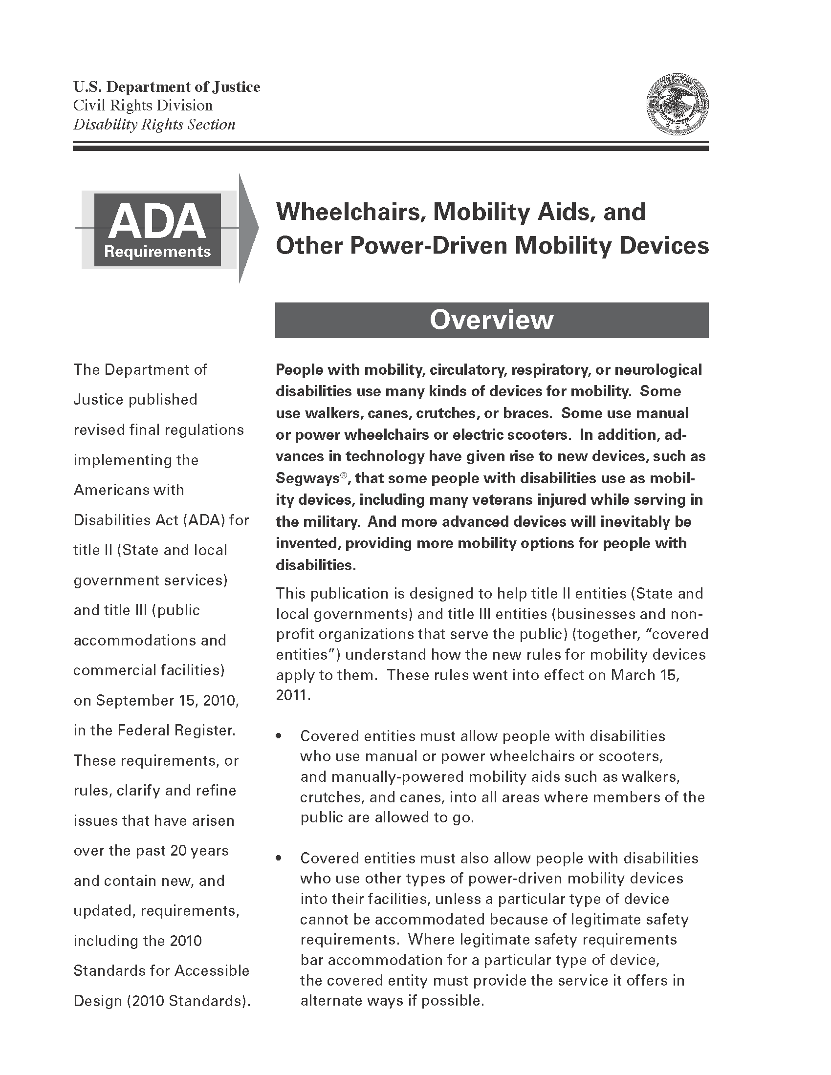 PDF Cover: ADA Requirements: Wheelchairs, Mobility Aids,
and Other Power-Driven Mobility Devices