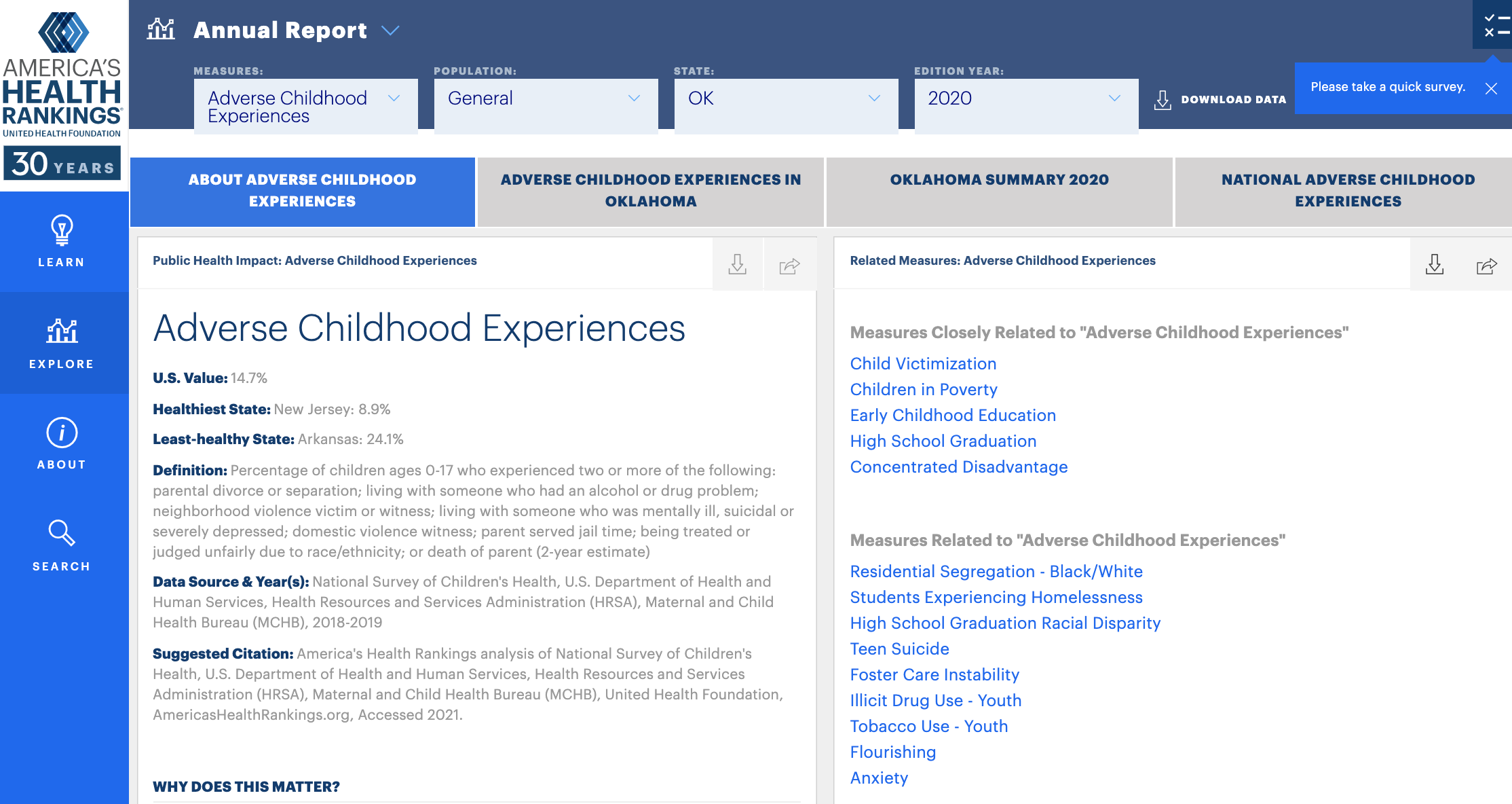 Screen grab of Explore Adverse Childhood Experiences in Oklahoma