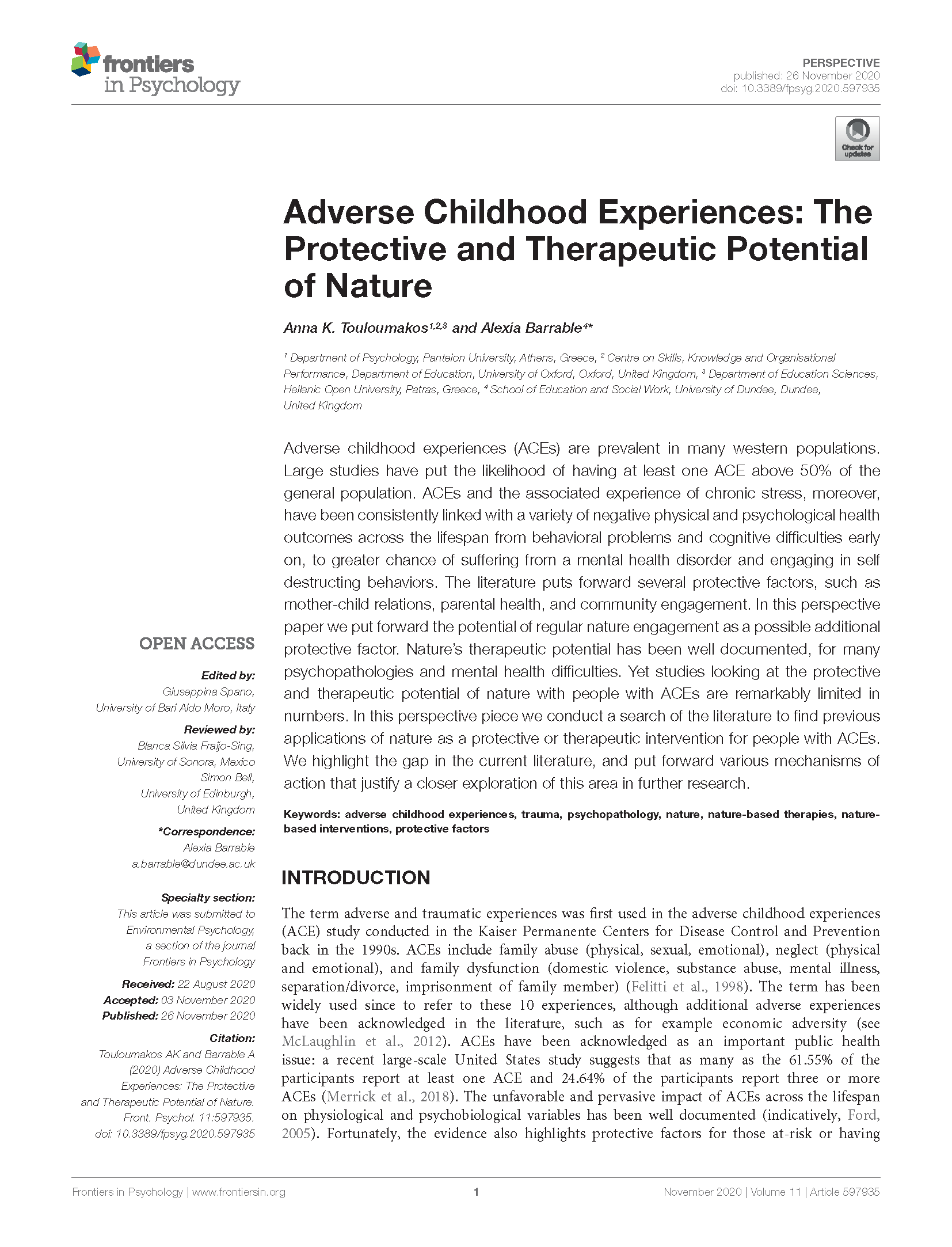 PDF Cover: Adverse Childhood Experiences: The Protective and Therapeutic Potential of Nature