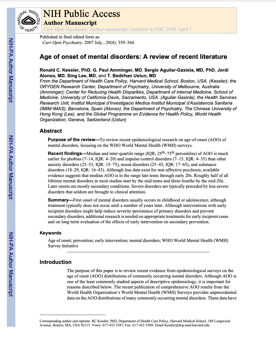 First page of Age of Onset of Mental Disorders: A Review of Recent Literature