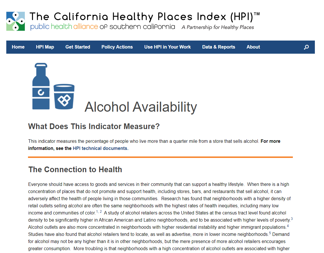 Webpage of Healthy Places Index Policy Guide - Alcohol Availability