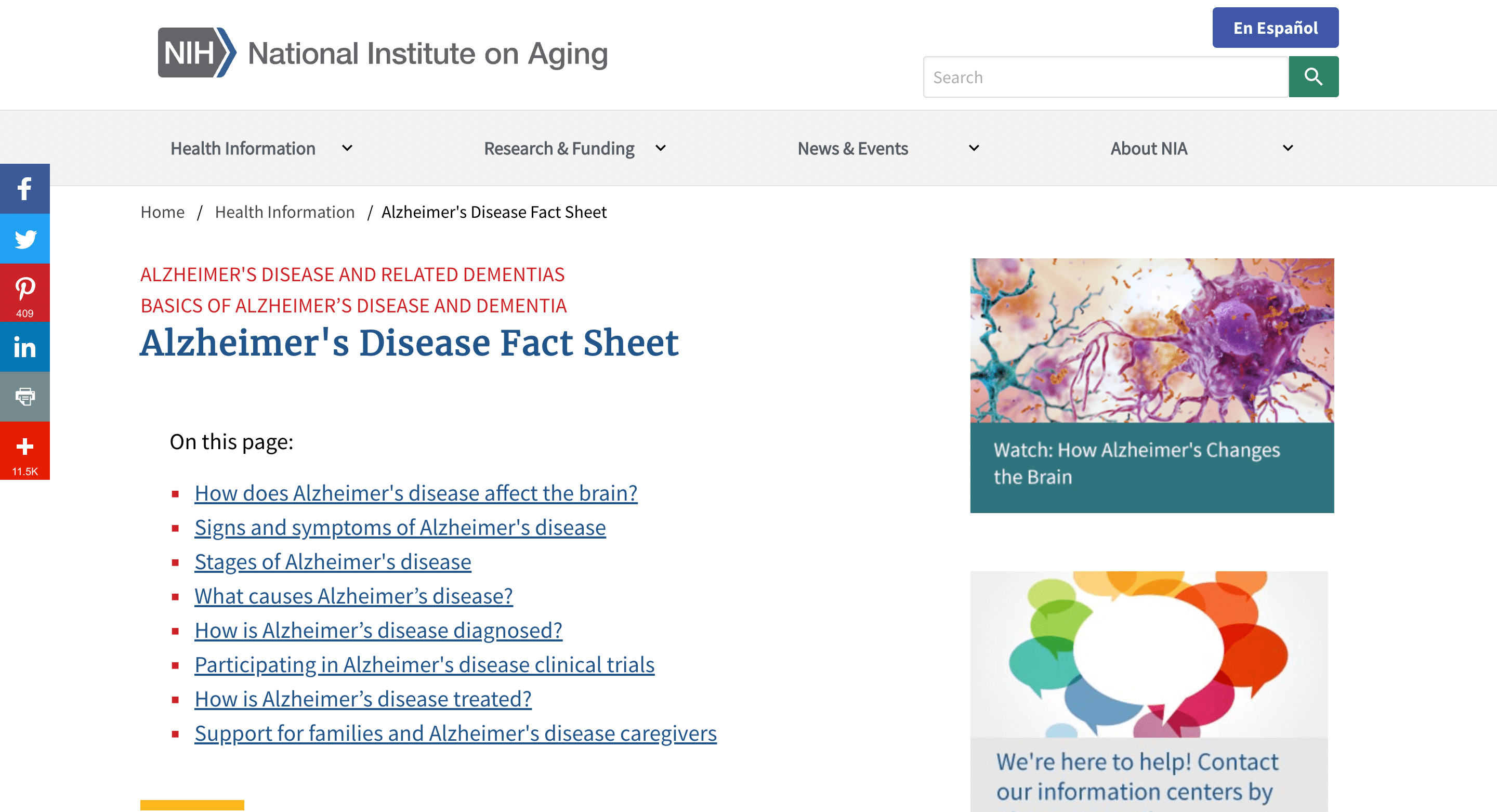 Screen capture of Alzheimer's Disease Fact Sheet