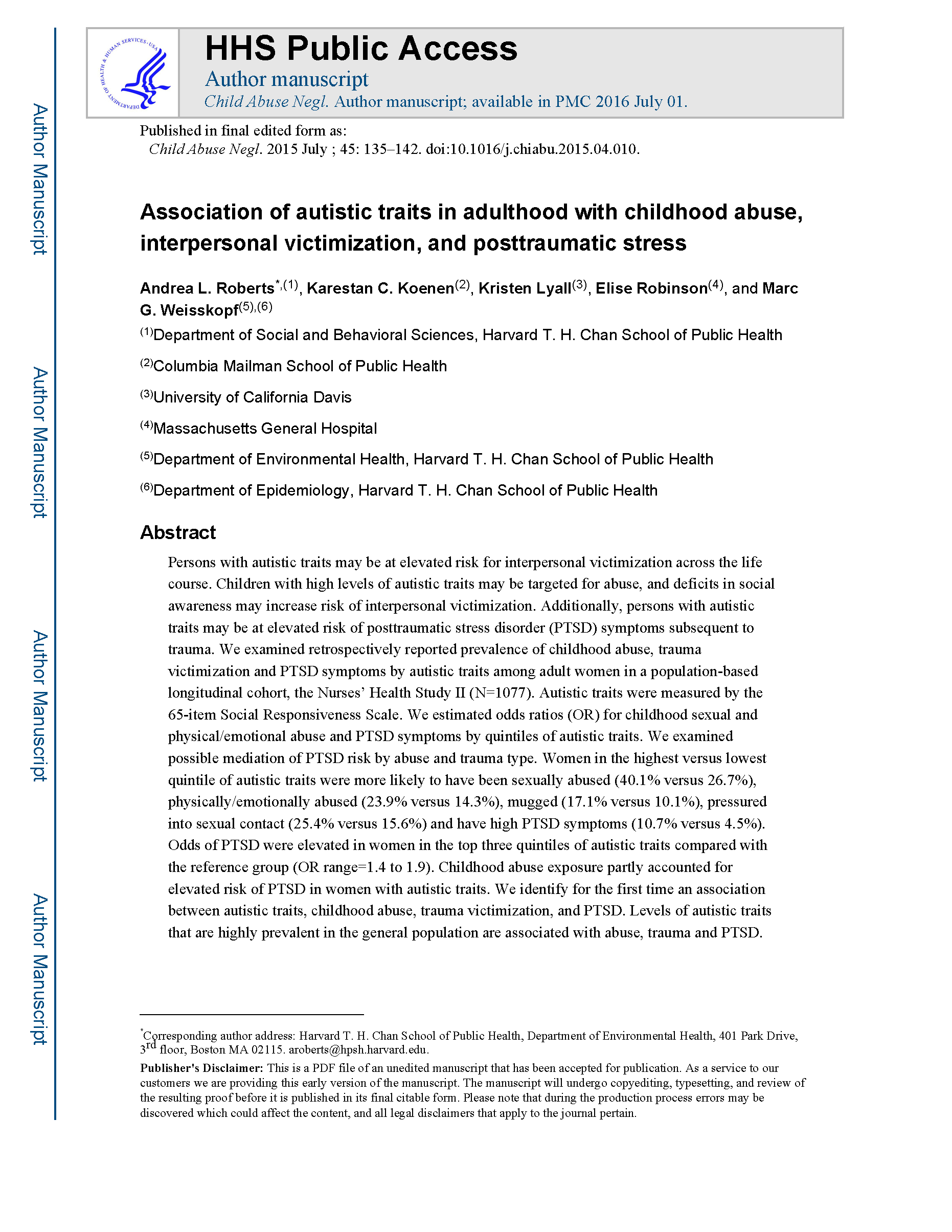 PDF Cover Page: Association of Autistic Traits in Adulthood With Childhood Abuse, Interpersonal Victimization, and Posttraumatic Stress