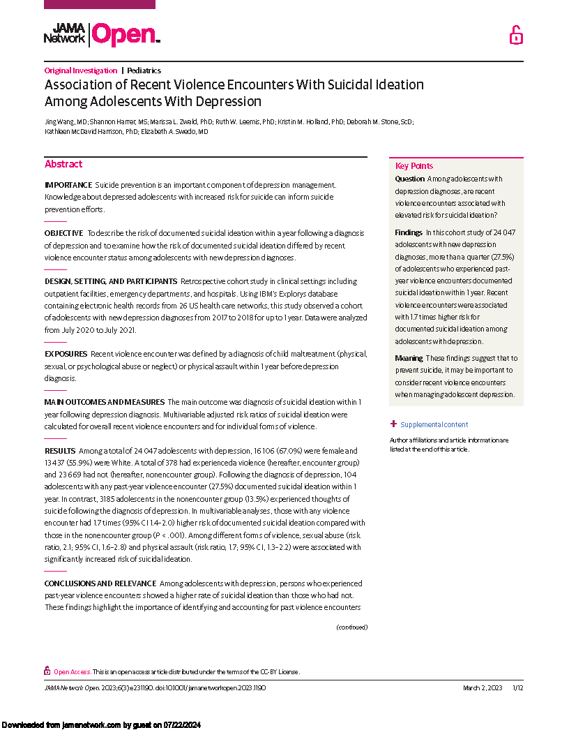 Screenshot of the first page of Association of Recent Violence Encounters With Suicidal Ideation Among Adolescents With Depression