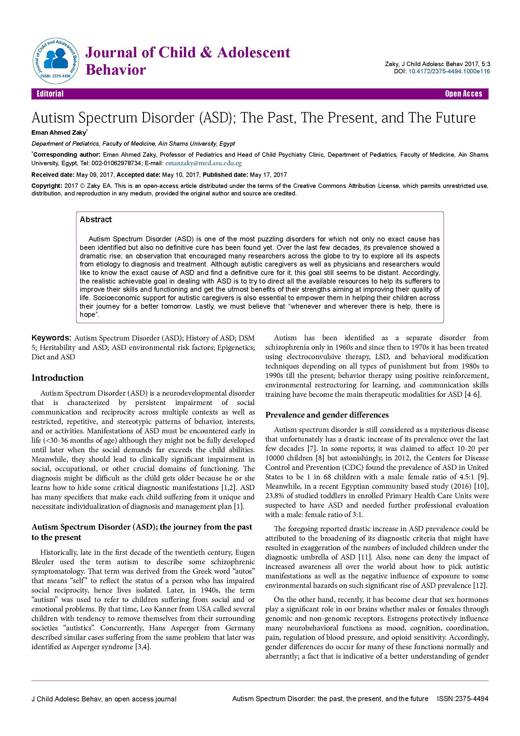 Screen shot of PDF cover page: Autism Spectrum Disorder (ASD); The Past, The Present, and The Future