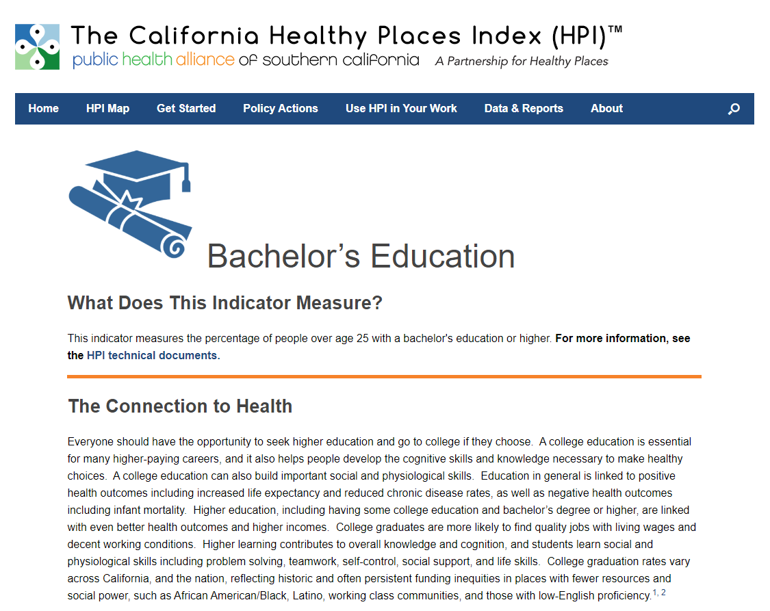 Webpage of Healthy Places Index Policy Guide - Bachelor's Education