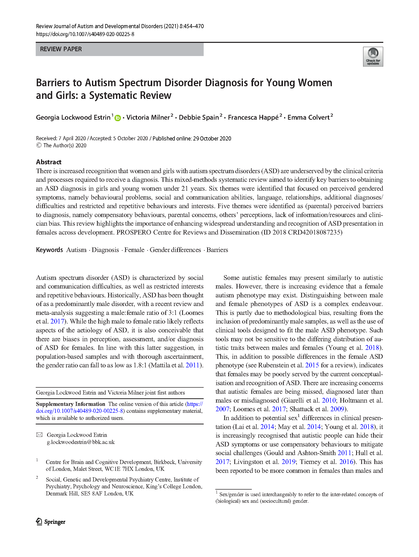 Screen shot of PDF cover page: Barriers to Autism Spectrum Disorder Diagnosis for Young Women and Girls: a Systematic Review