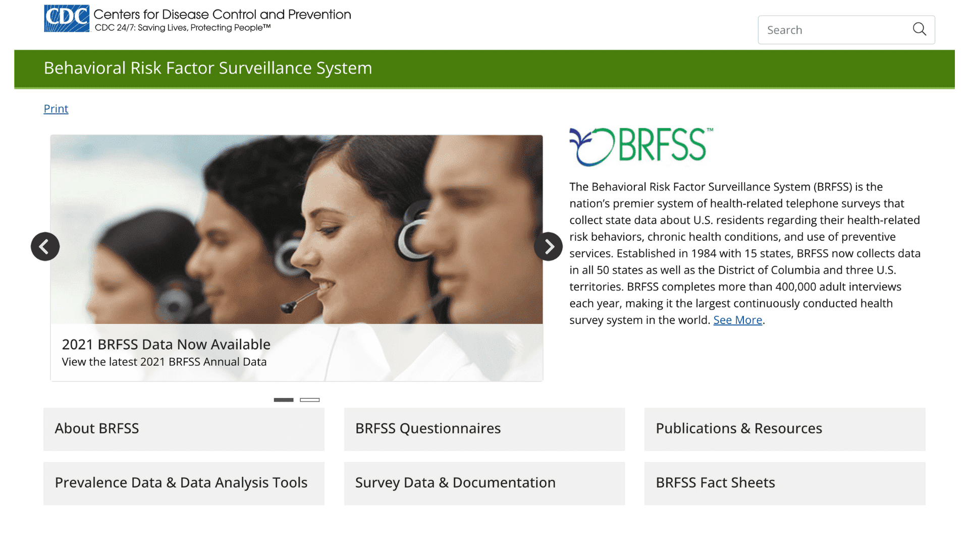 Screen capture of Behavioral Risk Factor Surveillance System webpage