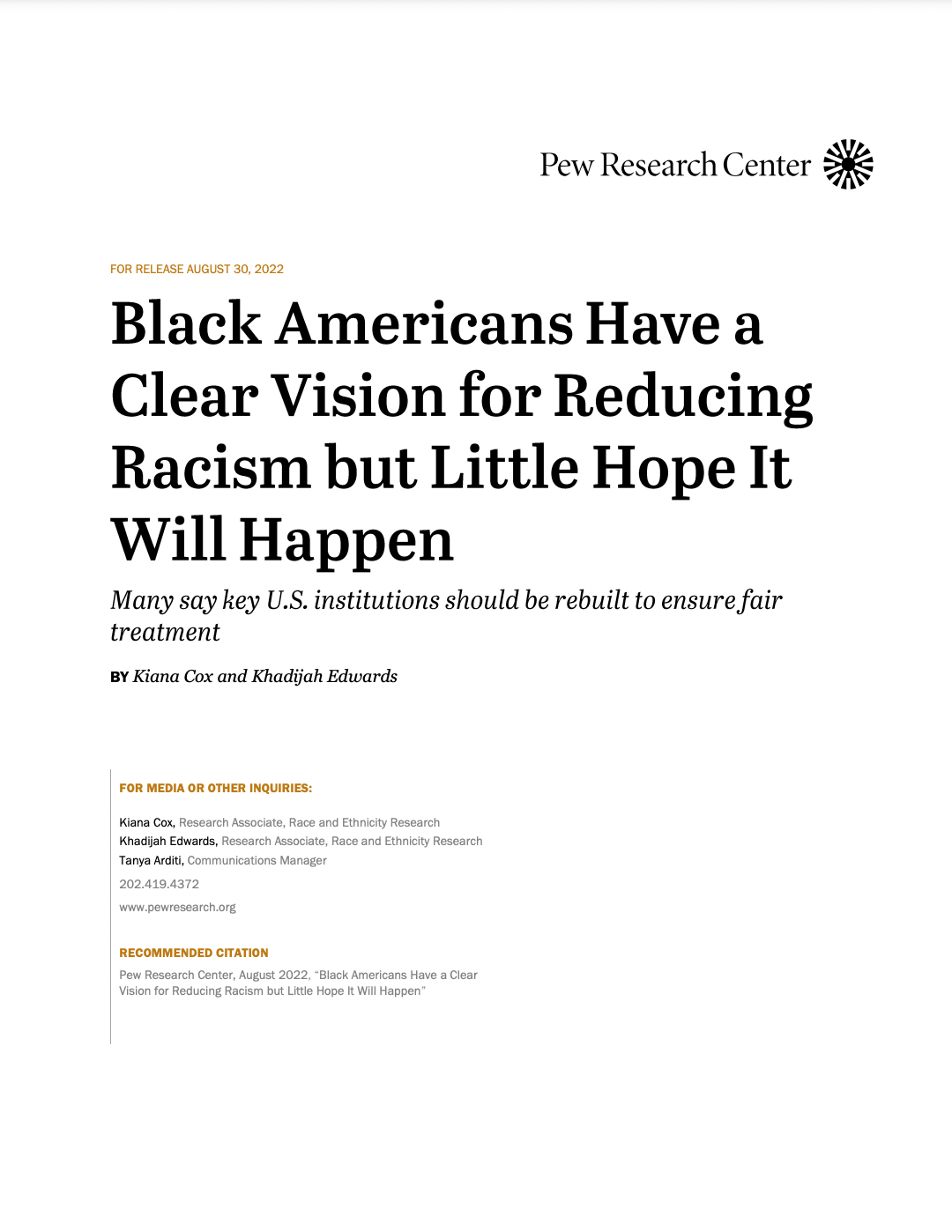 Cover page of Black Americans Have a Clear Vision for Reducing Racism but Little Hope It Will Happen