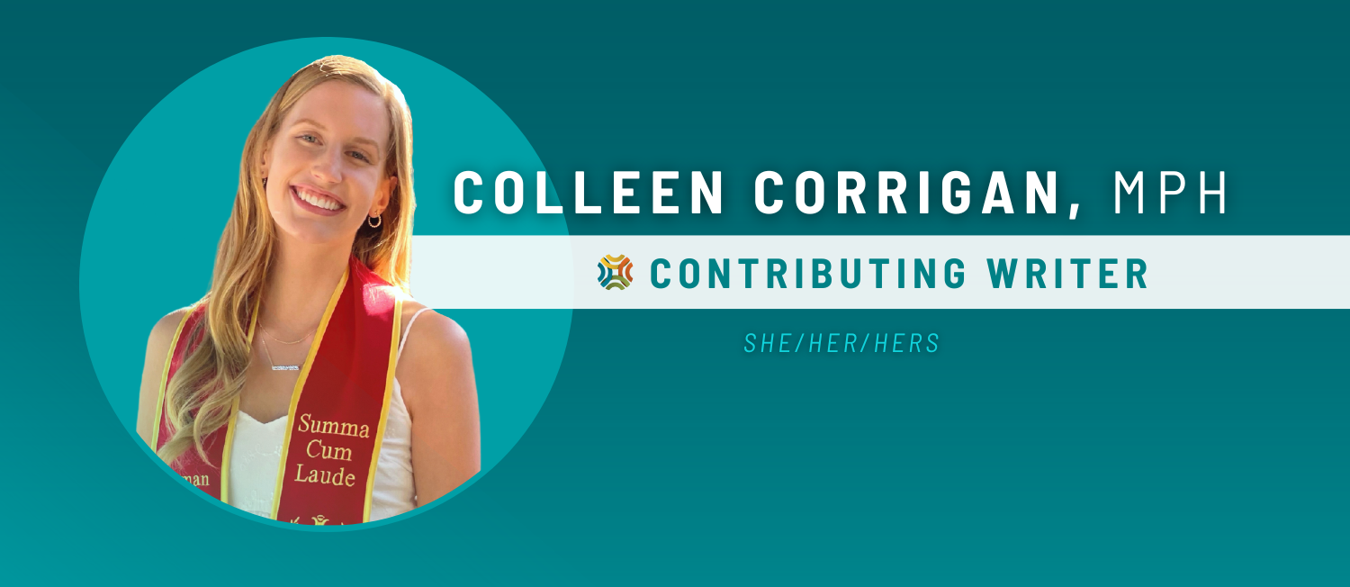 Headshot of Colleen Corrigan on a teal background with bold block text that reads 