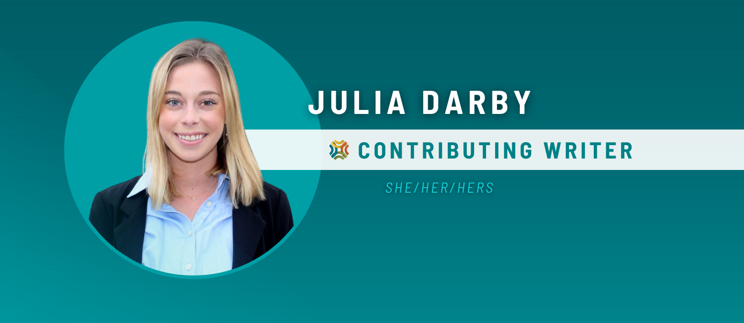 Headshot of Julia Darby on a teal background with bold block text that reads 