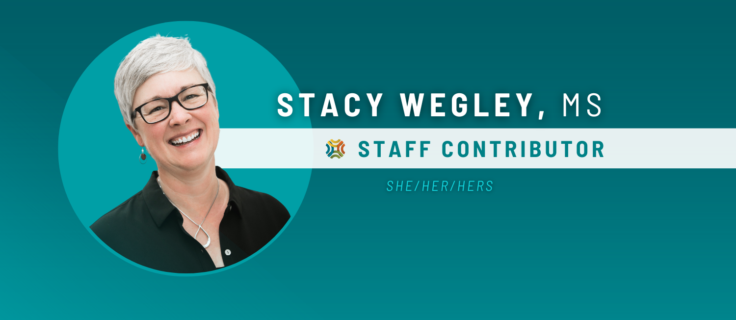 Headshot of Stacy Wegley on a teal background with bold white block text that reads 