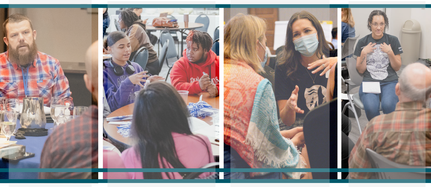 A collage of four photos of community members engaging in dialogue.