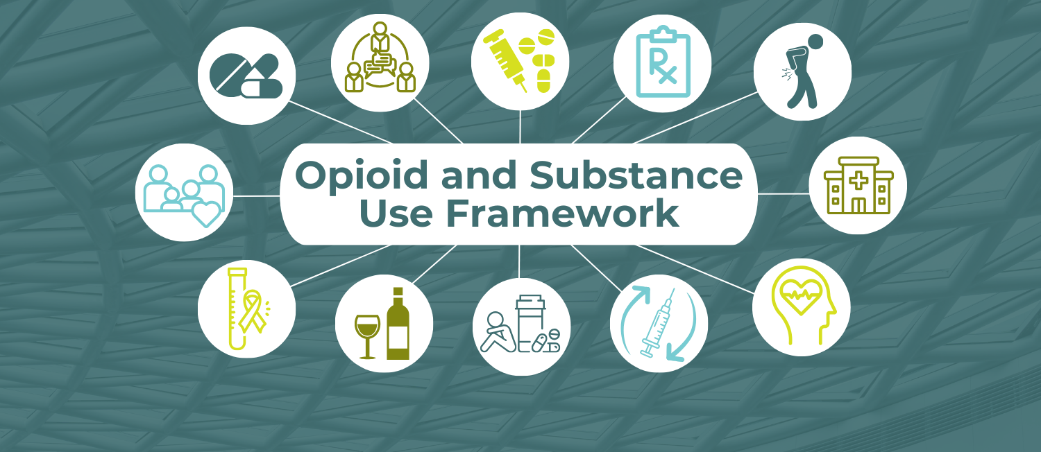 A graphic depicting the domains of the Opioid and Substance Use Framework. 