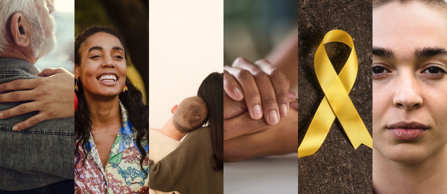 Collage of images of people, hands, and a yellow ribbon