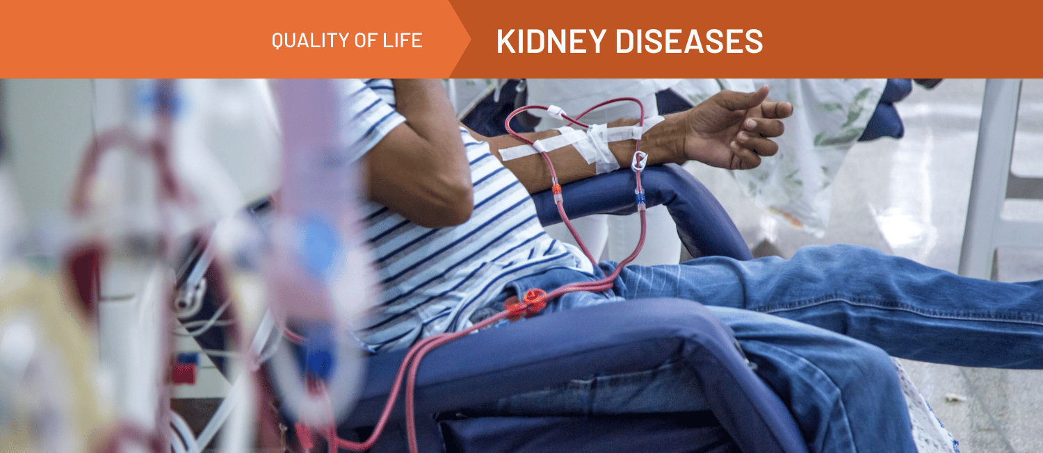 Photo of a person receiving hemodialysis treatment. An orange banner spanning the top of the image reads 