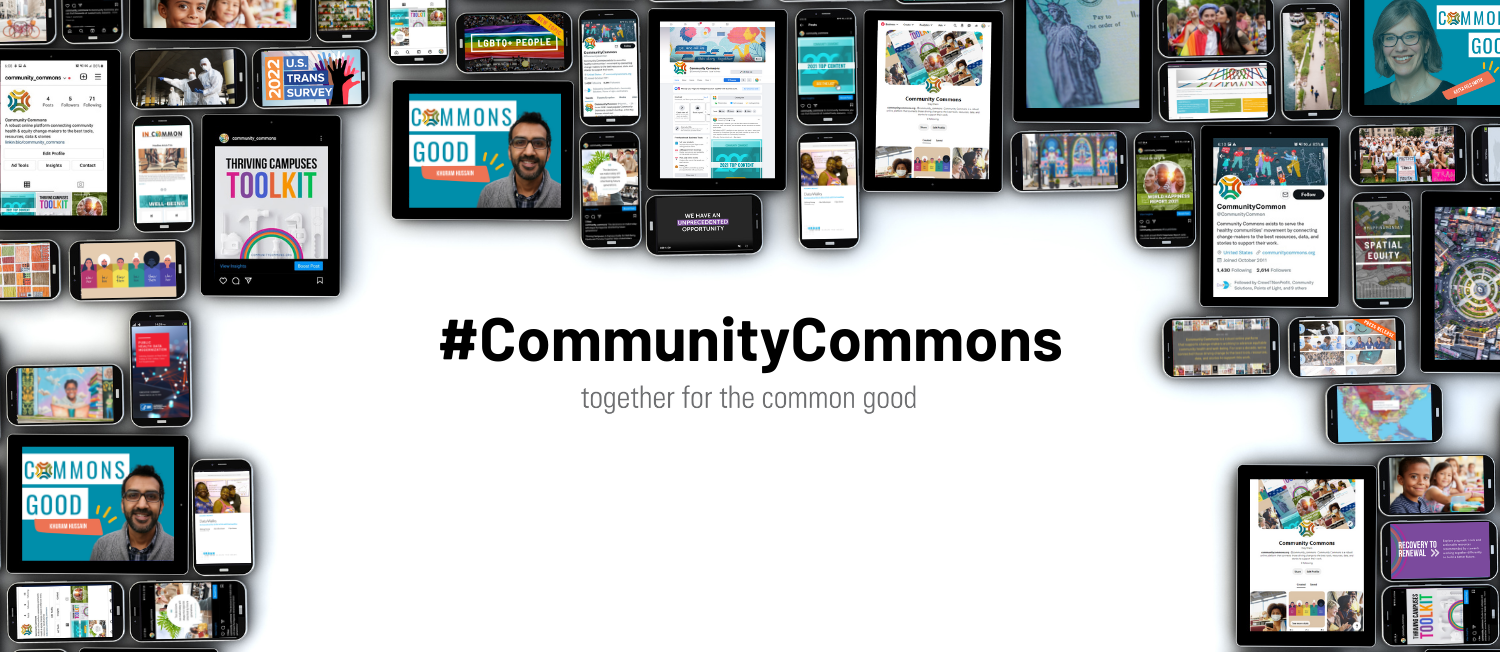 iPhones and iPads surrounding the word #communitycommons