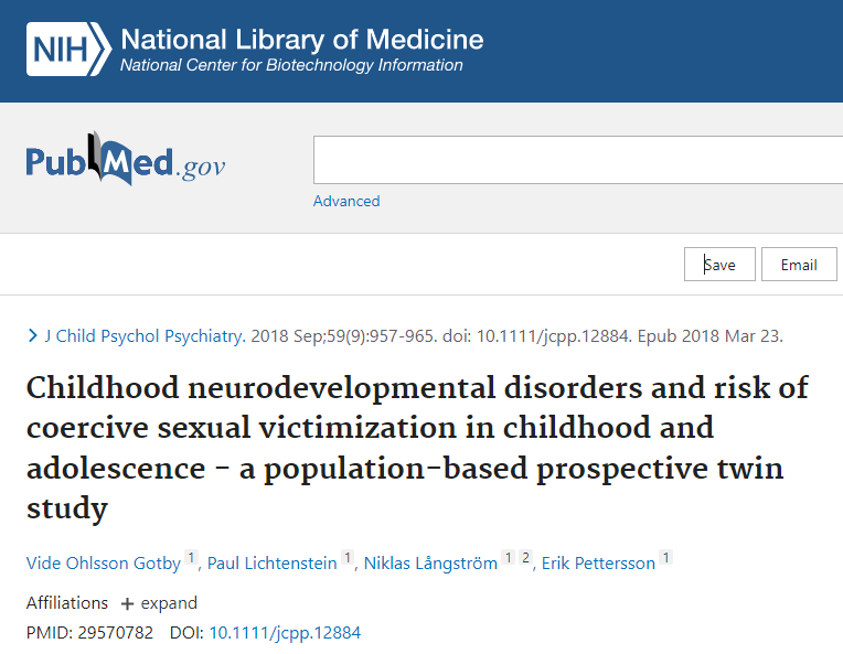 Screen shot of article cover: Childhood Neurodevelopmental Disorders and Risk of Coercive Sexual Vicimization in Childhood and Adolescence-a Population-Based Prospective Twin Study