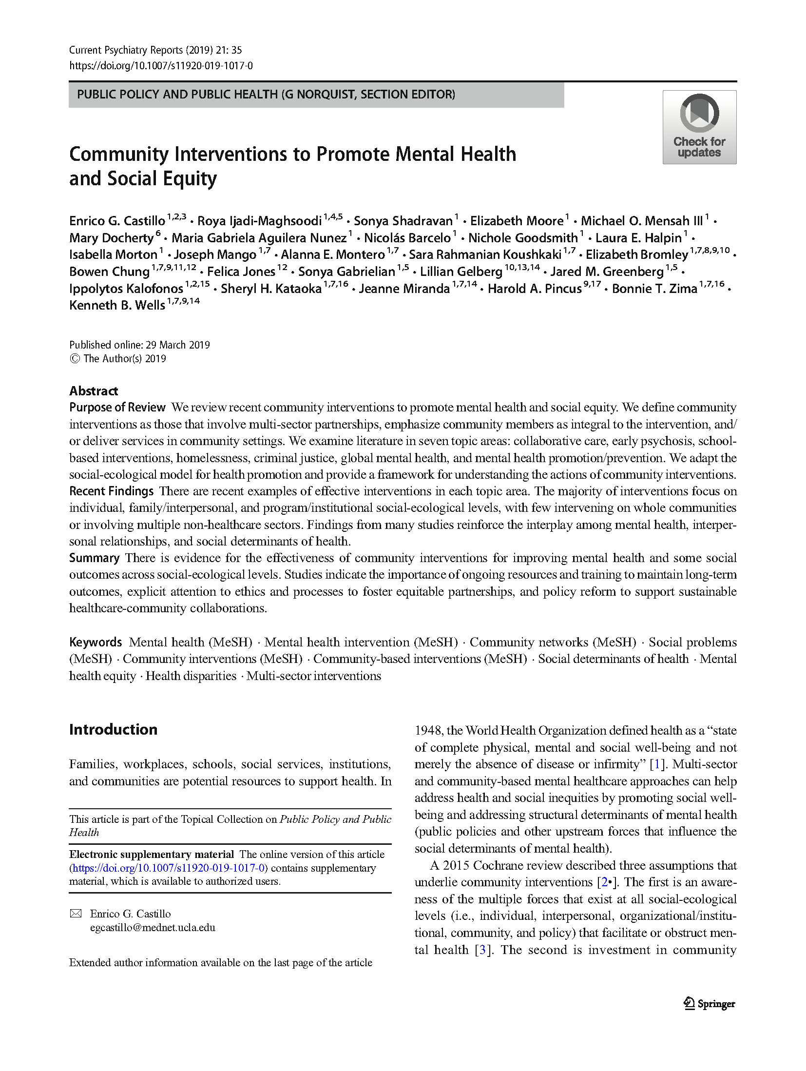 PDF Cover: Community Interventions to Promote Mental Health and Social Equity