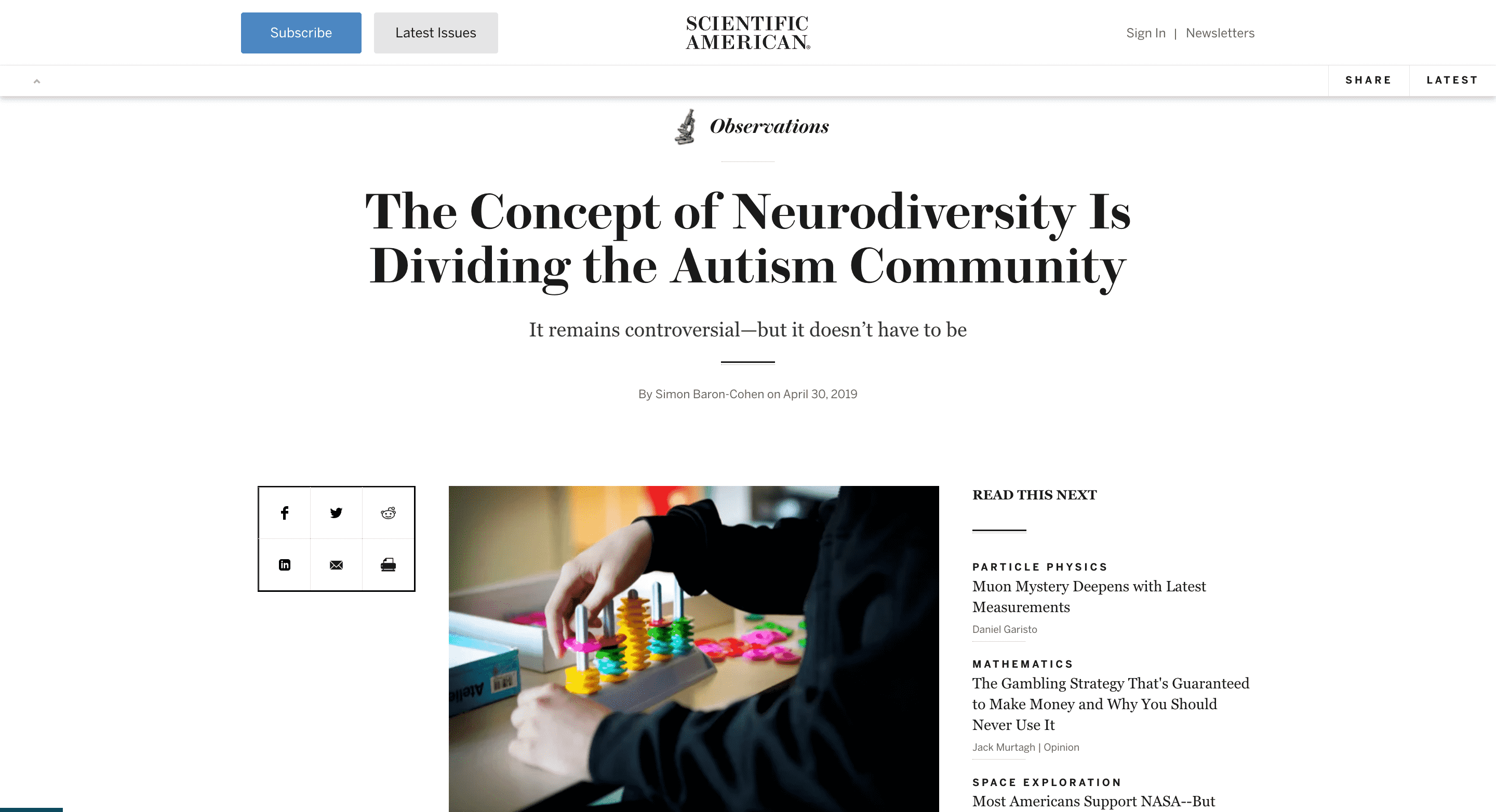 Screen shot of The Concept of Neurodiversity Is Dividing the Autism Community article