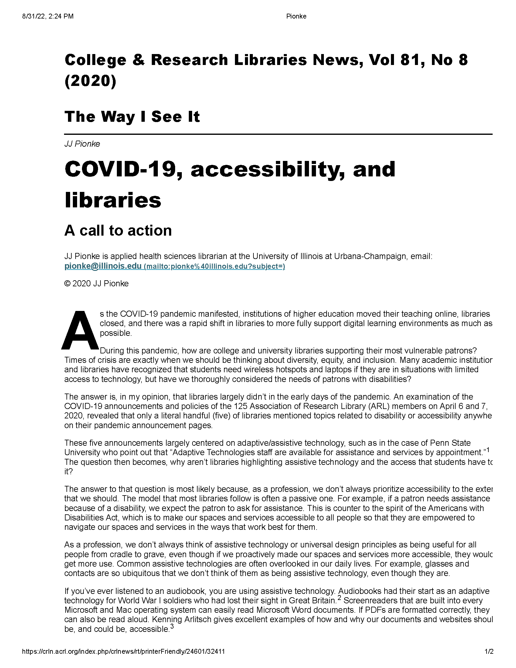 PDF Cover: Covid-19, Accessibility, and Libraries: A Call to Action