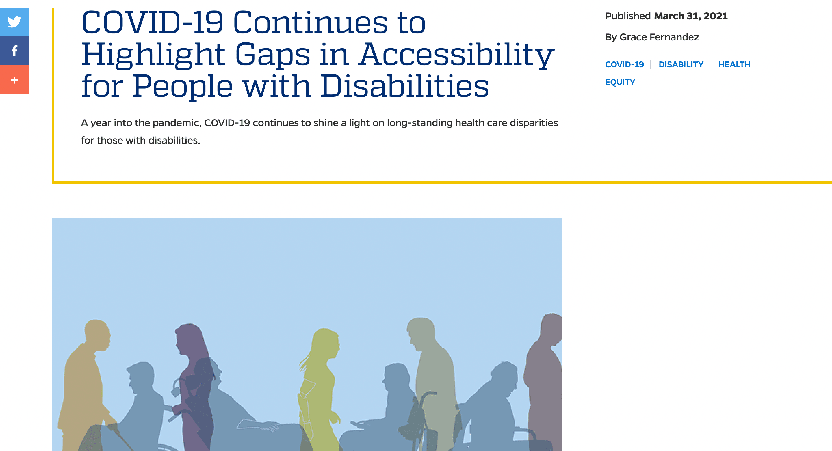 Screen capture of Covid-19 Continues to Highlight Gaps in Accessibility for People With Disabilities articles