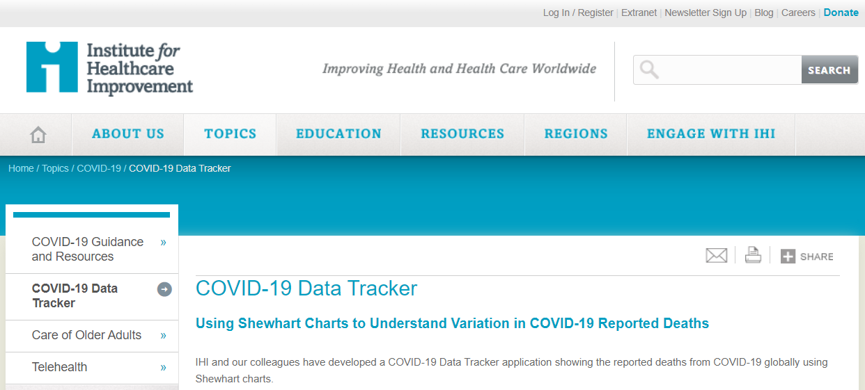 Screen Capture of Website Cover Page: COVID-19 Data Tracker: Institute for Healthcare Improvement