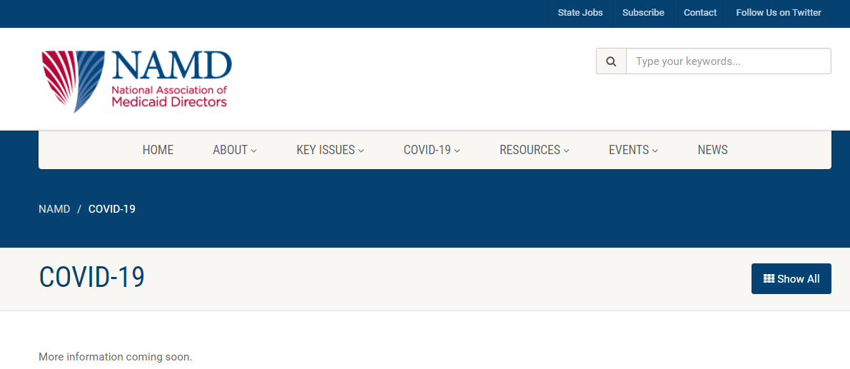Screen Capture of Website Cover Page: NAMD (National Association of Medicaid Directors) Covid-19
