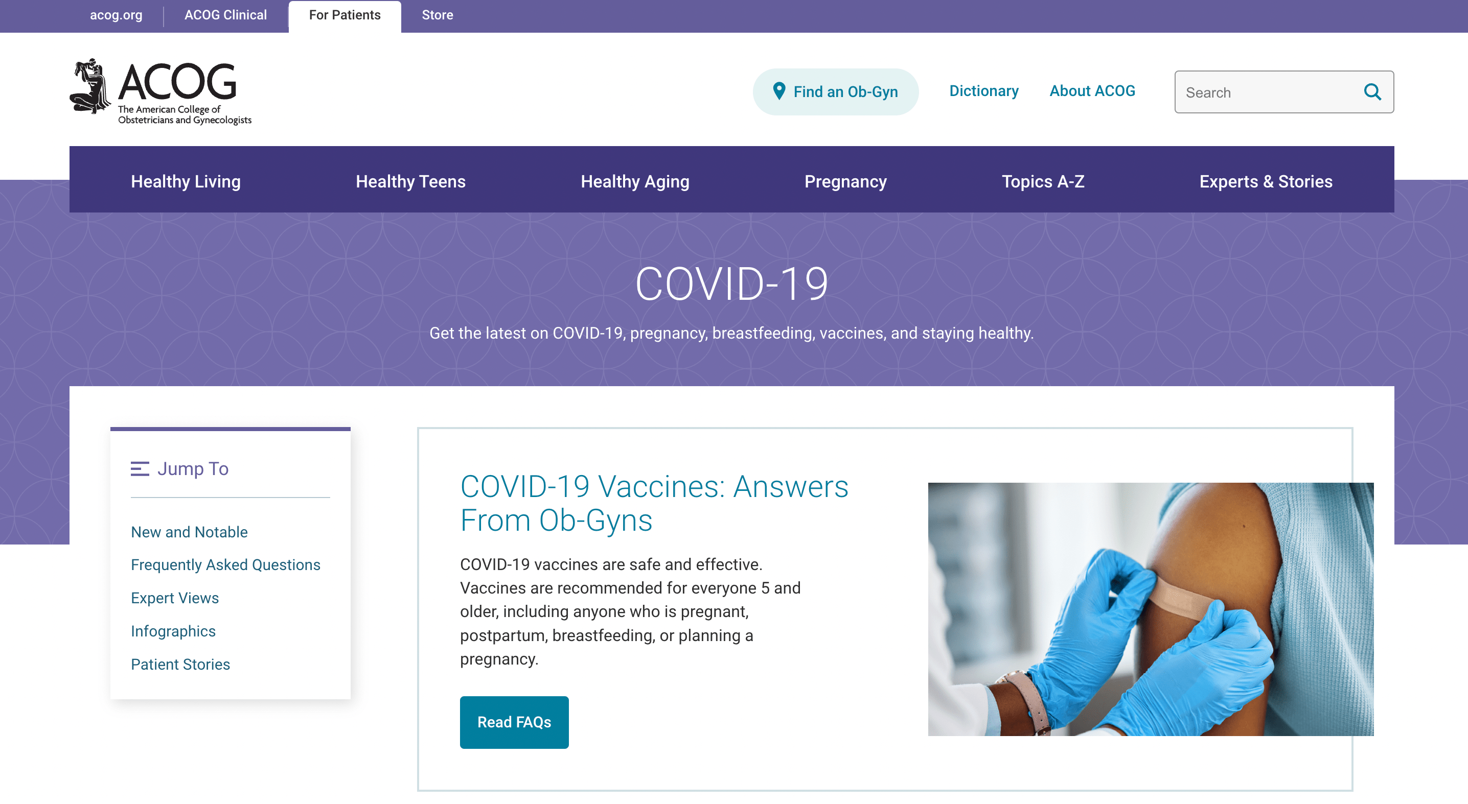 Screen capture of  COVID Info for Pregnant & Breastfeeding Women (ACOG)