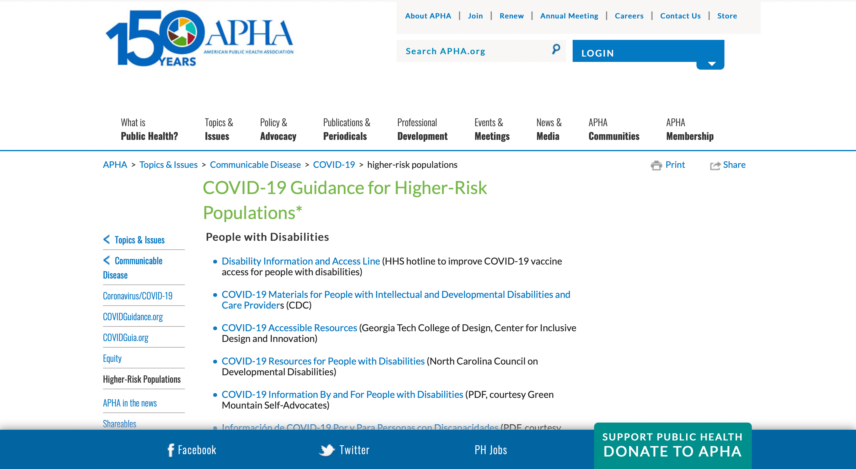 Screen Capture of Website Cover Page: COVID-19 Guidance for Higher Risk Populations