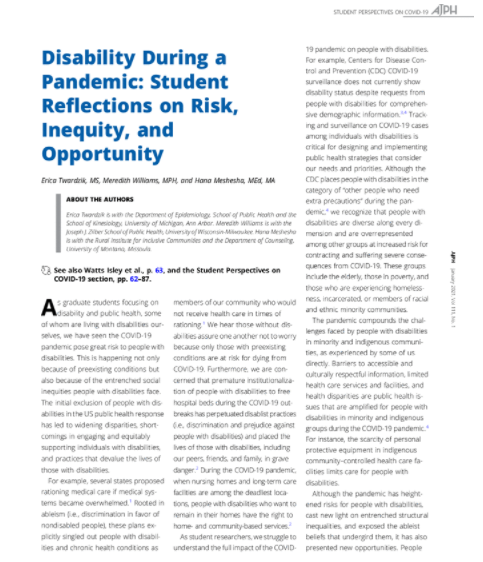 Screen Capture of AJPH Article Cover: Disability During a Pandemic: Student Reflections on Risk, Inequity, and Opportunity