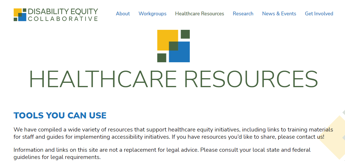 Screen capture of website: Disability Healthcare Resources