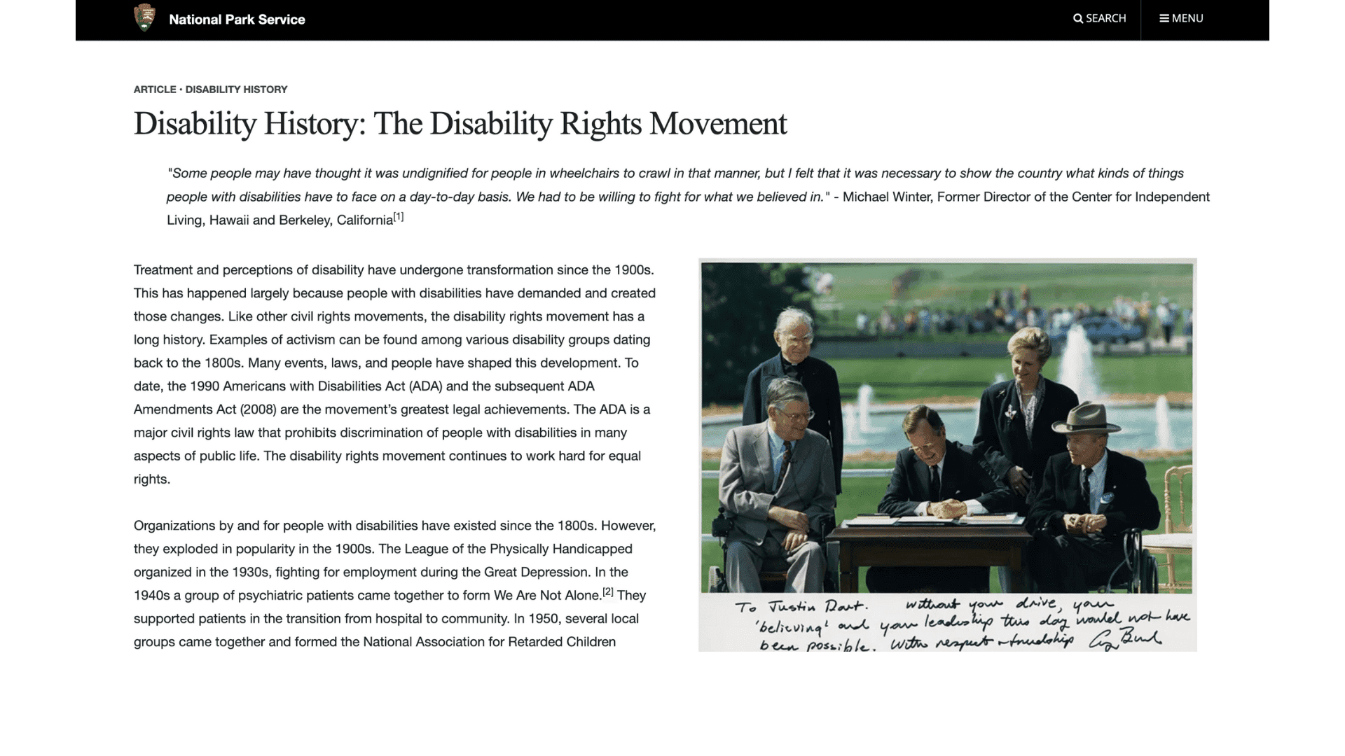 Screen capture of article cover photo: Disability History: The Disability Rights Movement