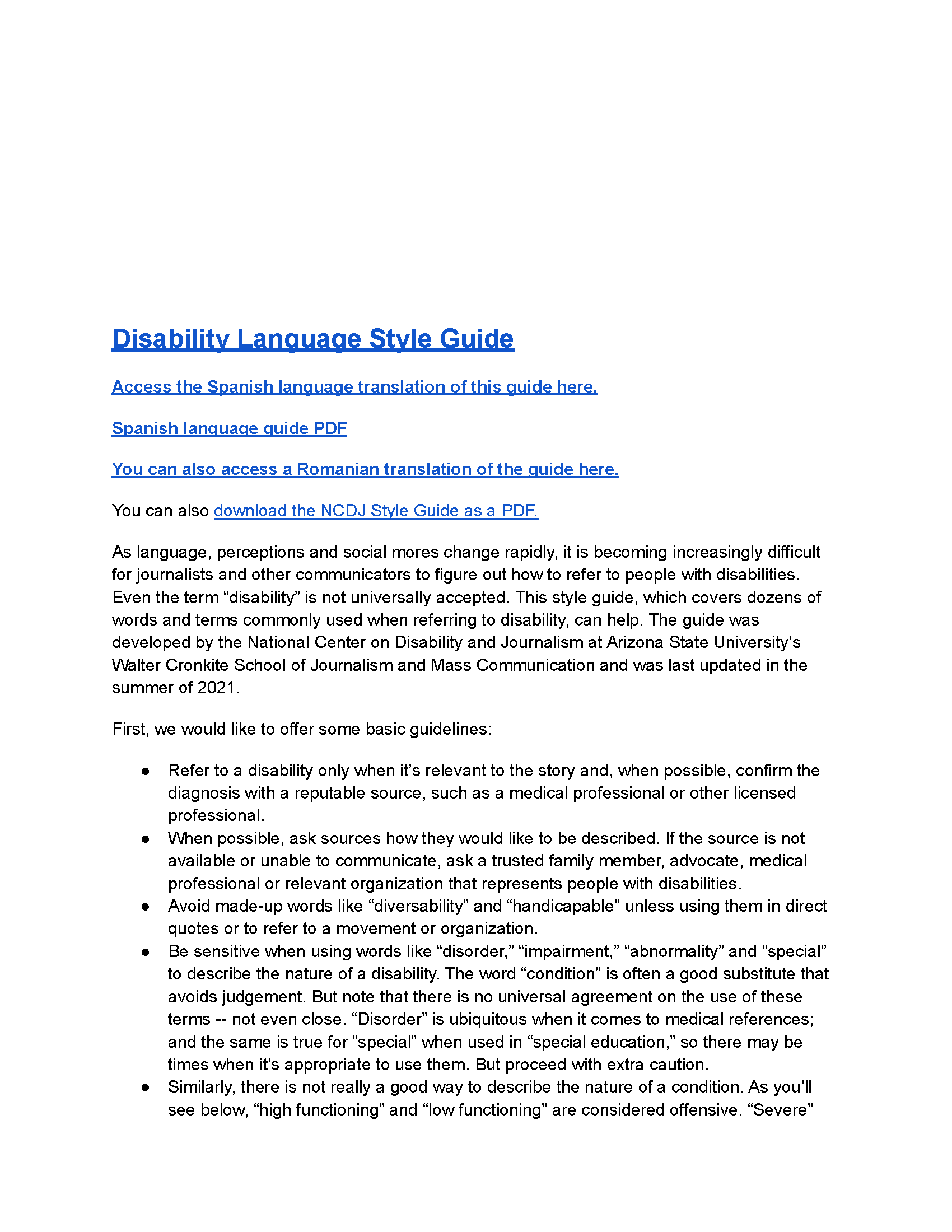 PDF Cover: Disability Language Style Guide