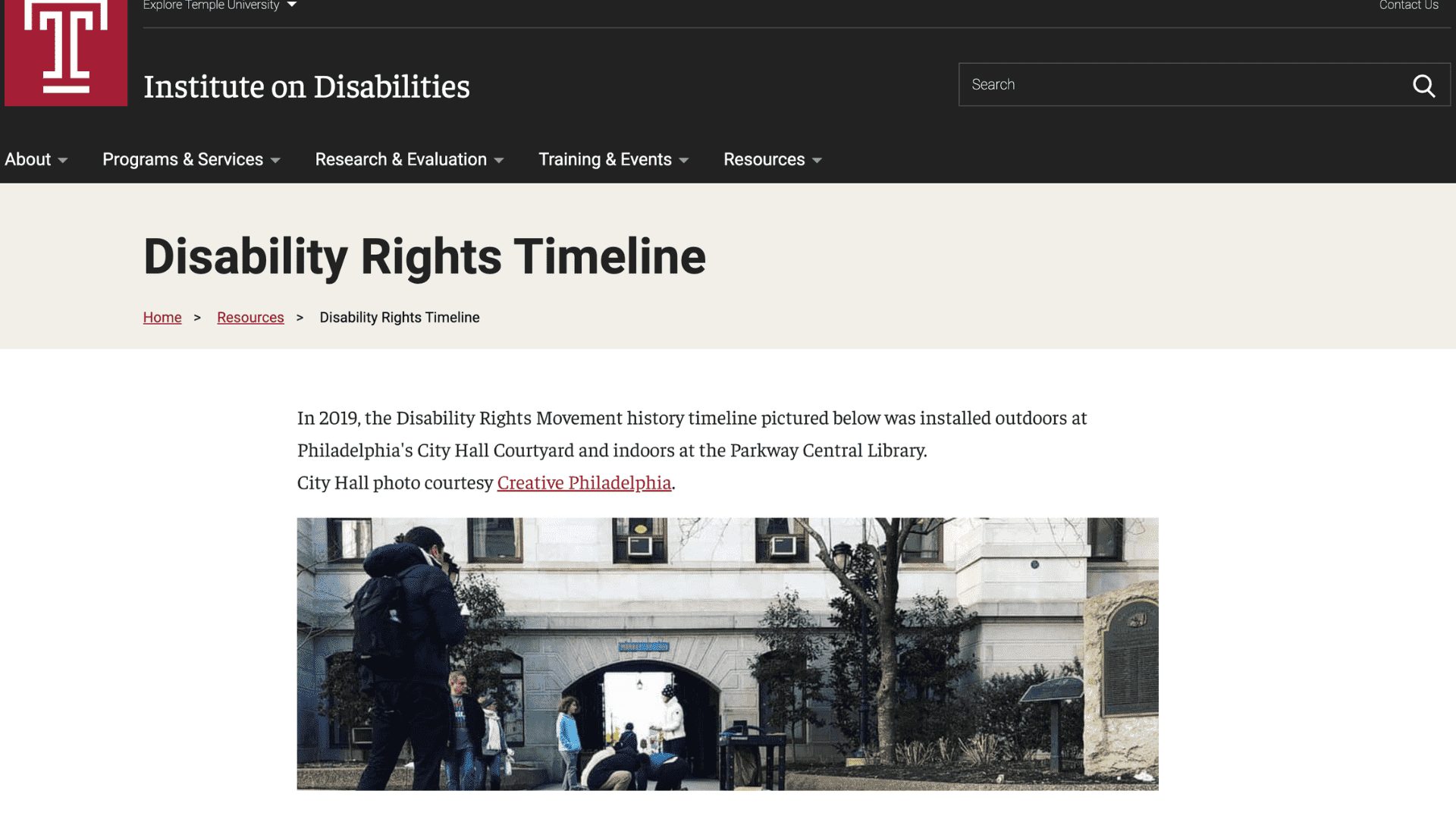 Screen capture of Disability Rights Timeline article