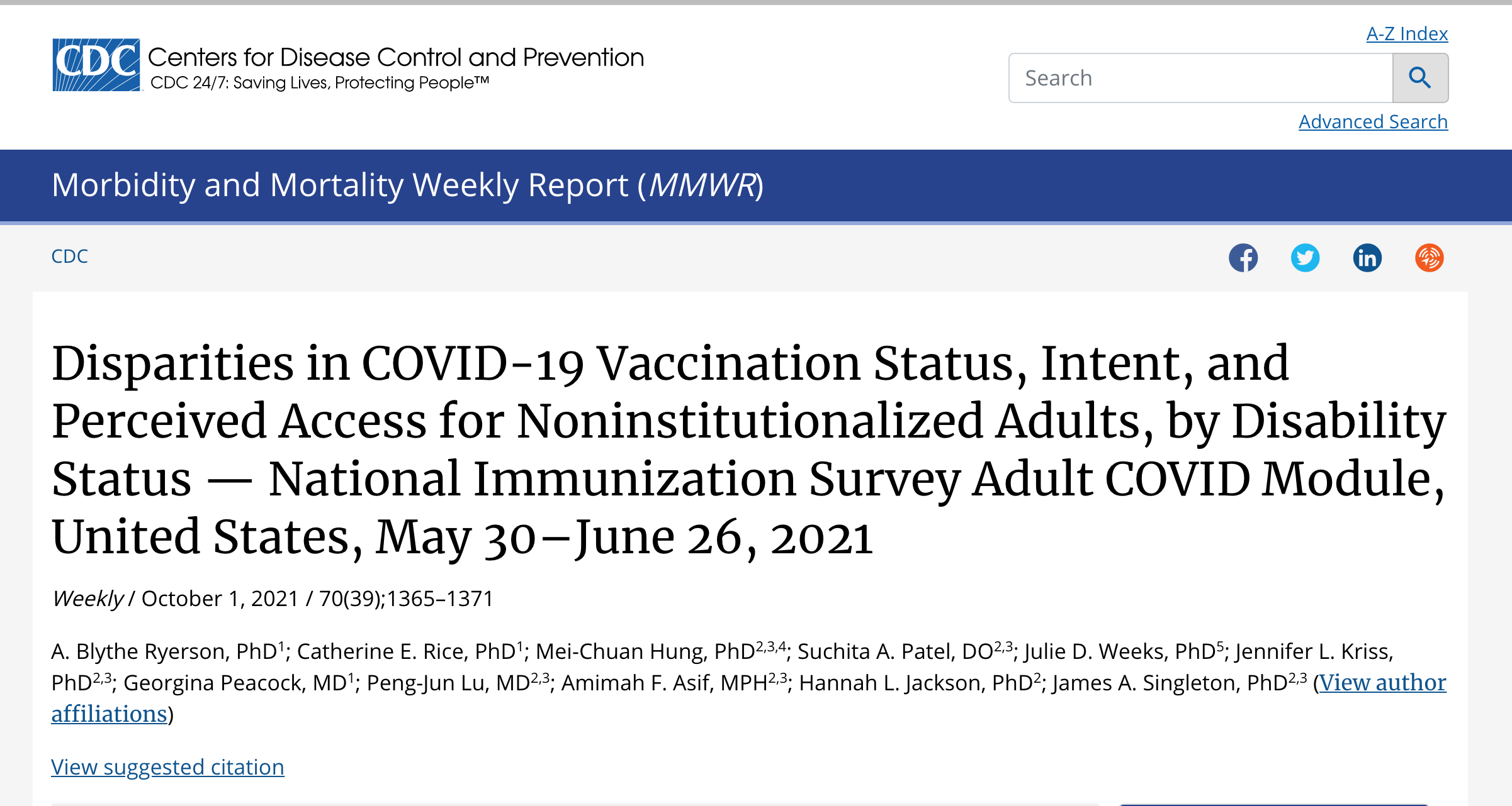 Screen grab of Disparities in COVID-19 Vaccination Status, Intent, and Perceived Access for Noninstitutionalized Adults, by Disability status