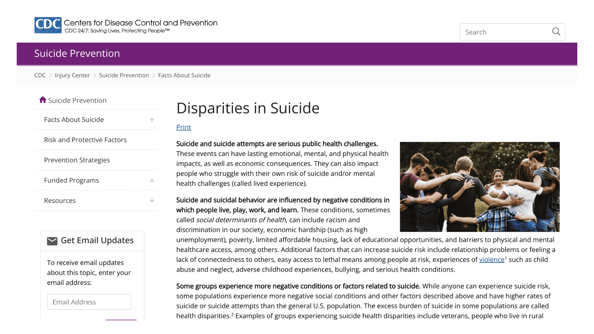 Screen capture of Disparities in Suicide webpage