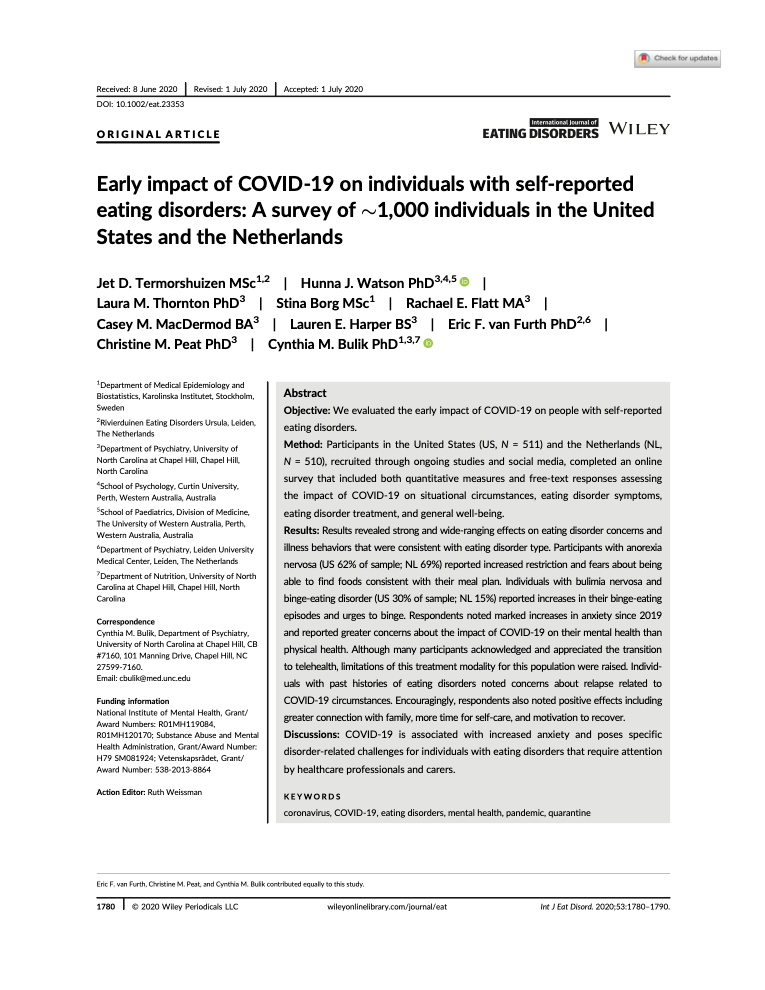 First page of Early Impact of Covid-19 on Individuals with Self-Reported Eating Disorders: A Survey of 1,000 Individuals in the United States and the Netherlands